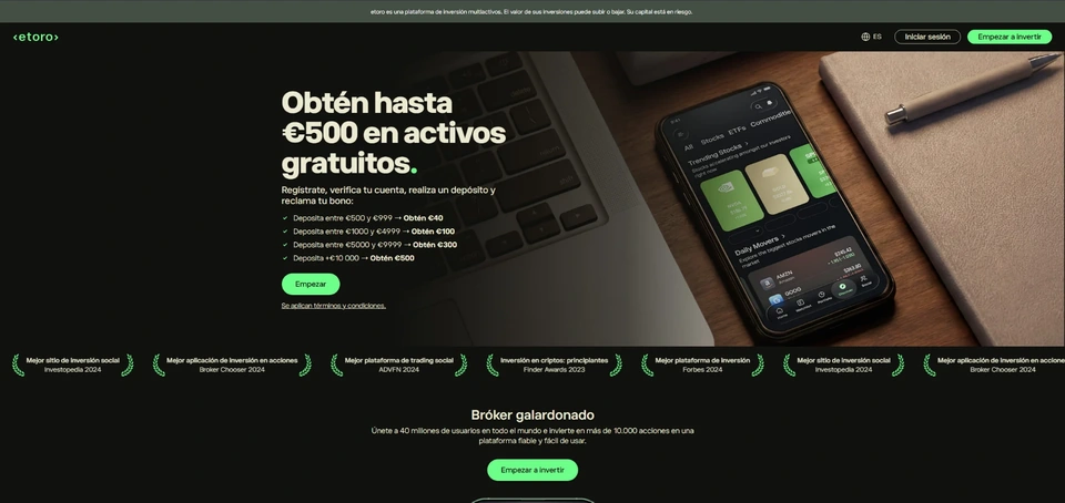 Página española de la oferta eToro con hasta 500 € en activos y cuatro tramos de depósito