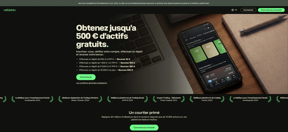 Page française de l’offre eToro avec jusqu’à 500 € en actifs et quatre paliers de dépôt