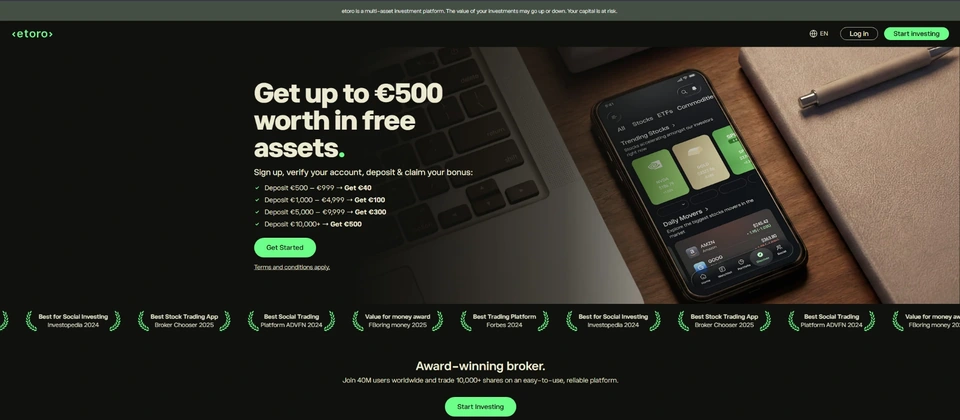 eToro’s English offer page showing up to €500 in assets and four deposit tiers
