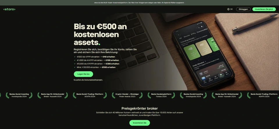 Deutsche eToro-Angebotsseite mit bis zu 500 € in Assets und vier Einzahlungsstufen